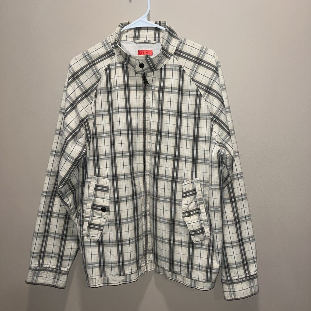 Izod Men's Wind Breaker Gray White Plaid Zip Jacket S Preppy Grandpa Core Casual